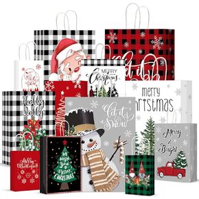 CHUNNIN 12 PCS Christmas Gift Paper Bags Bulk with Handles Xmas Holiday Bags Assorted Sizes Set for Wrapping Presents Goodie Bags Christmas Party Supplies Favors (3 Jumbo, 3 Large, 3 Medium, 3 Small)