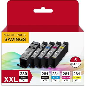 PGI-280XXL CLI-281XXL 5-Color Pack Compatible Ink Cartridge Replacement for Canon 280 281 Ink Cartridges 280 XXL 281 XXL for TR7520 TR8520 TR8620 TS6120 TS6220 TS8220 TS9120 TS9520 TS6320 (5 Pack)
