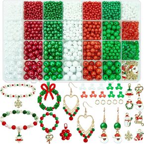 JHYlilia 2540 pcs Christmas Friendship Bracelet Kit, Christmas Pearl Beads for Jewelry Making Red Green White Beads with Pendants Spacer Beads for Xmas Holiday Party Decoration Necklace Earrings