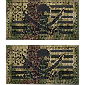 2 PCS AliPlus America Pirate Flag Patch Jolly Rodger American Flag Patch IR Infrared Reflective Patch Laser Cut Patch Tactical Morale Patch Applique Fastener Hook and Loop(CP Black)