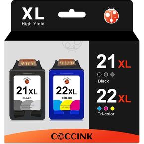 COCCINK 21XL 22XL Printer Ink Cartridge Replacement for HP Deskjet F335 F380 F4180 F2210 D1420 D1520 D1530 D1560 PSC 1410 Officejet 4315 J3680 for HP Ink 21 22 XL Combo Pack 21/22(1 Black 1 Color)
