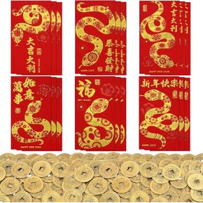 Chinese Lunar New Year Red Envelopes Coin Set, 72 Pcs Large Red Envelope Packet 144 Pcs Feng Shui Coins 2025 Chinese Lunar Year of the Snake Lai See Hong Bao for Spring Festival 3.5 x 6.7 In