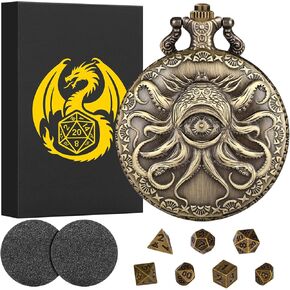 Mini DND Dice Set Steampunk One-Eye Octopus Pocket Watch Case, 7-Piece Polyhedral Metal D&D Dice Set, DND Gifts with Gift Box, Role Playing Board Game Accessories Dice, Dark Silver