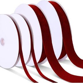 4 Pcs Red Velvet Ribbon 1 Inch 3/8 Inch 100 Yards Vintage Christmas Velvet Ribbon Gift Wrapping Bow Making for Christmas Tree Wreath Decoration(Red)