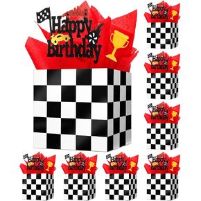 Zhanmai 4 Pcs Race Car Theme Party Favors 6 x 6 x 6 Inch Black and White Checkered Party Centerpiece Table Display Boxes Plaid Cardboard Goodie Boxes for Birthday Decorations