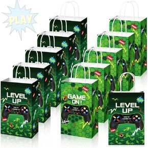 Saypack 30 قطعة من حقائب هدايا حفلات ألعاب الفيديو الخضراء، لوازم الحفلات ذات موضوع الألعاب السائبة، حقائب يد ورقية للعبة المستوى الأعلى مع مقبض هدايا حفلات الألعاب لتزيين حفلات أعياد الميلاد