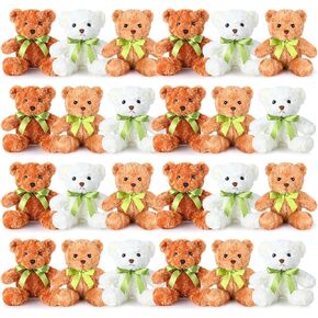 Hungdao 24 Pcs Bear Bulk Plush Stuffed Animals 10 Inch Cute Soft Stuffed Bear with Green Bow for Baby Shower Birthday Party Gift (Light Brown)