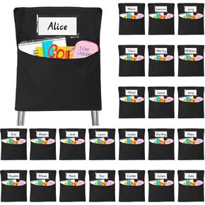 24 PCS Chair Pockets for Classrooms, 18" W x 20" H Chairback Pockets for Classroom Large Chair Pocket with Name Tag for Organizing Classroom Supplies Fits Students School Office College Black