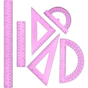 Tenare 6 Pcs Plastic Ruler Math Set Includes 12 Inch 6 Inch Straight Ruler Protractor Triangle Rulers Geometry Transparent Math Ruler Measuring Tools for School Office Home(Pink)
