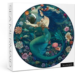Ocean Mermaid Puzzle 1000 Pieces, Sea Princess Fairy Mandala Jigsaw Puzzles for Adults, Zodiac Mystic Underwater Green Round Puzzles
