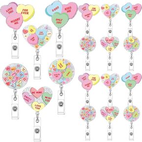 12 Pack Valentine Day Retractable Badge Holder Conversation Love Heart Acrylic ID Badge Reel with Clip Hug Me Love Valentine Gift for Coworker Doctor