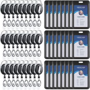 24 Pack Sliding Badge Holder with Retractable Clip Black Vertical Plastic ID Card Case Protector, Heavy Duty Badge Reel ID Holders for Keychain Key Card Nurse Office Credit License