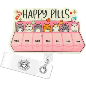 Happy Pills Cats Badge Reel - Funny Pharmacy Nurse Badge Reel Cute Pill Organizer Badge Holder Retractable with Clip Gifts for Psych Nurse Med Tech Pharmacist Cat Lover Medical Technician