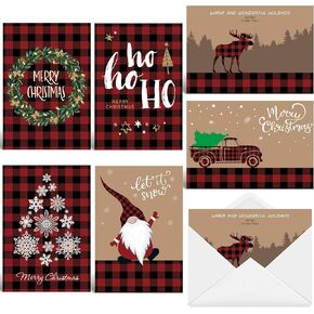 24 Pack Christmas Cards Set Merry Christmas Holiday Greeting Cards with Envelopes Cute Buffalo Plaid Pattern Boxed Christmas Cards Assortment 5 x 7.2 Inches, 6 Designs