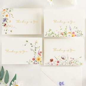 Crisky 12 Pack Thinking of You Cards with Envelopes 4 Assorted, 4"x6", Encouragement Cards, Wildflower Gold Foil Greeting cards, Blank Inside, Note Cards