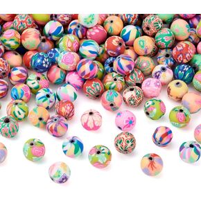 Pandahall 200pcs 0.3 Inch Assorted Colorful Polymer Clay Round Beads Bubblegum Ball Beads Charms Flower Printed for Jewelry Makings 8mm| 5/16 Inch