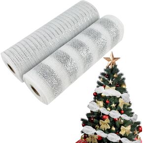 2 Rolls Metallic Poly Mesh Ribbon, Christmas Decor Mesh, Mesh Ribbon for Christmas Tree Decor Mesh 10 Inch Rolls for Wreath Garland DIY Crafts Swag Bow