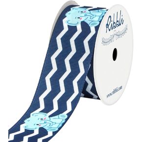 Ribbli Grosgrain Elephant Baby Chevron Craft Ribbon,1-1/2 Inch x 10 Yard,White/Navy/Light Blue,Use for Hair Bows,Wreath,Birthday,Baby Shower,Diaper Cake,Gift Wrapping,Party Decoration