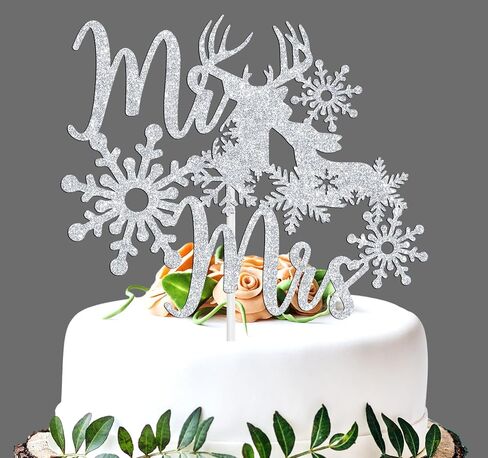 Mr & Mrs Cake Topper - Winter Snowflake Love Wedding, Bridal Shower, Engagement, Wedding Anniversary Party Decorations Supplies, Silver Glitter in Saudi Arabia