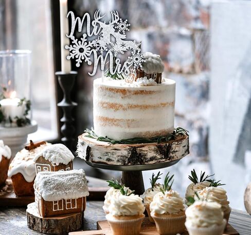 Mr & Mrs Cake Topper - Winter Snowflake Love Wedding, Bridal Shower, Engagement, Wedding Anniversary Party Decorations Supplies, Silver Glitter in Saudi Arabia