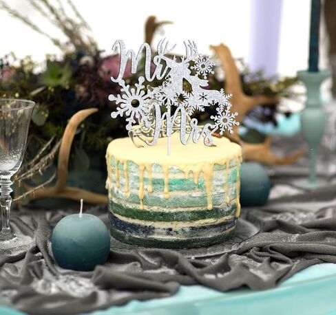 Mr & Mrs Cake Topper - Winter Snowflake Love Wedding, Bridal Shower, Engagement, Wedding Anniversary Party Decorations Supplies, Silver Glitter in Saudi Arabia