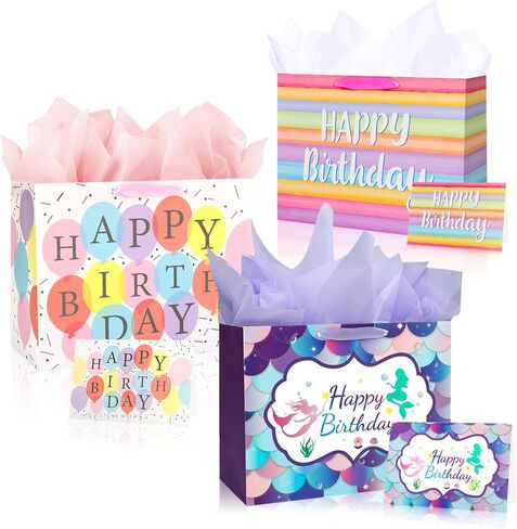 Mstar Packing 3 PCS 13" Large Happy Birthday Gift Bag with Tissue Paper, Greeting Card and Handles for Girls Kids Women Birthday Party (Colourful Balloon, Mermaid and Colorful Stripes) in Saudi Arabia