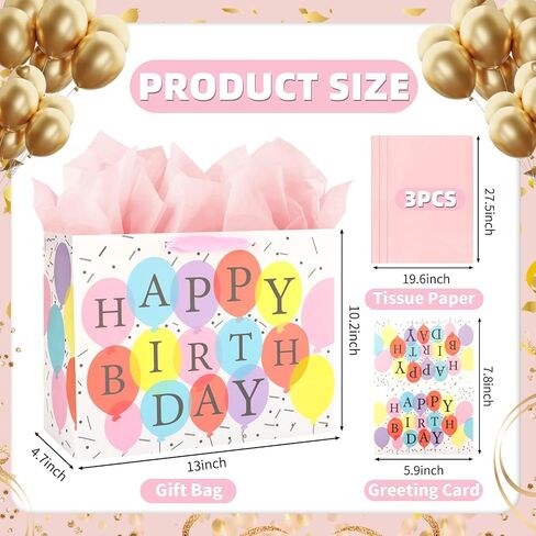 Mstar Packing 3 PCS 13" Large Happy Birthday Gift Bag with Tissue Paper, Greeting Card and Handles for Girls Kids Women Birthday Party (Colourful Balloon, Mermaid and Colorful Stripes) in Saudi Arabia