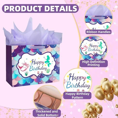 Mstar Packing 3 PCS 13" Large Happy Birthday Gift Bag with Tissue Paper, Greeting Card and Handles for Girls Kids Women Birthday Party (Colourful Balloon, Mermaid and Colorful Stripes) in Saudi Arabia
