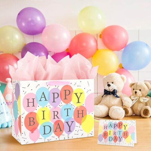 Mstar Packing 3 PCS 13" Large Happy Birthday Gift Bag with Tissue Paper, Greeting Card and Handles for Girls Kids Women Birthday Party (Colourful Balloon, Mermaid and Colorful Stripes) in Saudi Arabia