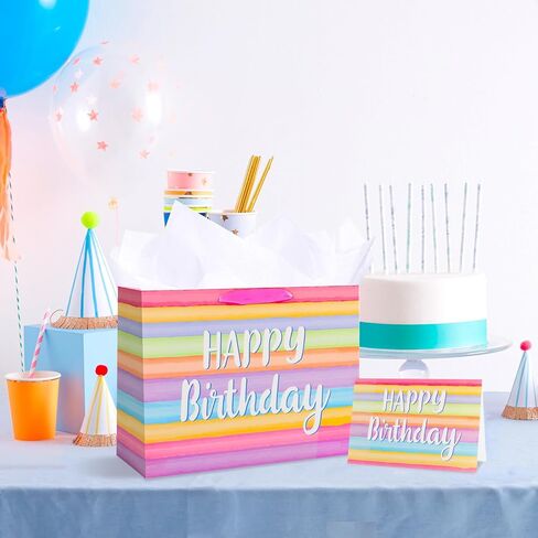 Mstar Packing 3 PCS 13" Large Happy Birthday Gift Bag with Tissue Paper, Greeting Card and Handles for Girls Kids Women Birthday Party (Colourful Balloon, Mermaid and Colorful Stripes) in Saudi Arabia