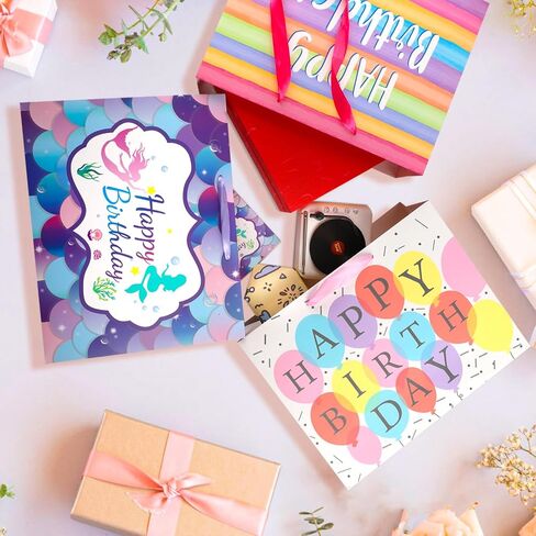 Mstar Packing 3 PCS 13" Large Happy Birthday Gift Bag with Tissue Paper, Greeting Card and Handles for Girls Kids Women Birthday Party (Colourful Balloon, Mermaid and Colorful Stripes) in Saudi Arabia