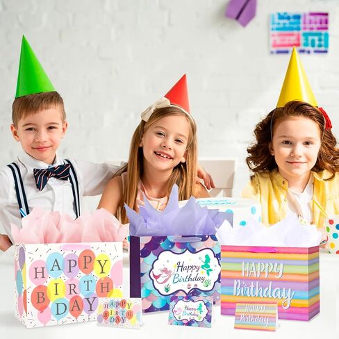 Mstar Packing 3 PCS 13" Large Happy Birthday Gift Bag with Tissue Paper, Greeting Card and Handles for Girls Kids Women Birthday Party (Colourful Balloon, Mermaid and Colorful Stripes) in Saudi Arabia