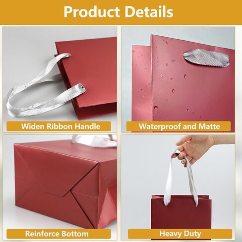 أكياس هدايا Prembag مقاس 9.8 بوصة مع مقابض شريطية، 4 عبوات فاخرة من أكياس الهدايا الورقية ذات اللون الأحمر الداكن لأعياد الميلاد والذكرى السنوية وعيد الميلاد in Saudi Arabia