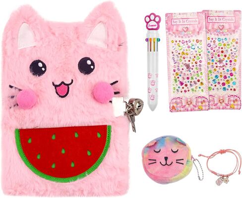 Cute Notepad Cartoon Notebook, Plush Diary with Lock and Keys Journals for Study Notes Fun Writing Drawing Scratch Pads Kawaii School Supplies for Girls Boys Kids and Teacher 160 Pages (Pink Cat) in Saudi Arabia