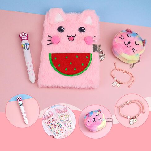 Cute Notepad Cartoon Notebook, Plush Diary with Lock and Keys Journals for Study Notes Fun Writing Drawing Scratch Pads Kawaii School Supplies for Girls Boys Kids and Teacher 160 Pages (Pink Cat) in Saudi Arabia