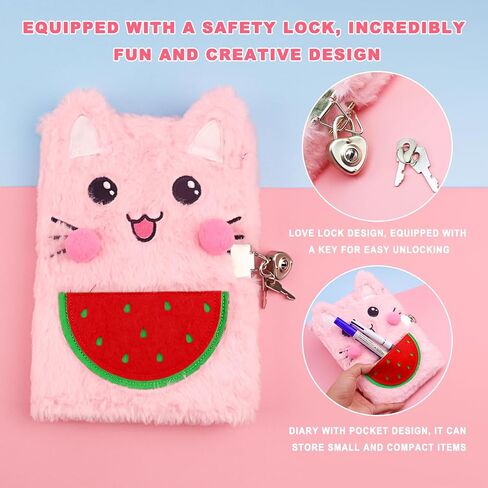 Cute Notepad Cartoon Notebook, Plush Diary with Lock and Keys Journals for Study Notes Fun Writing Drawing Scratch Pads Kawaii School Supplies for Girls Boys Kids and Teacher 160 Pages (Pink Cat) in Saudi Arabia