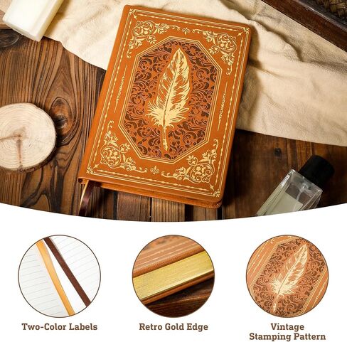 مجلة جلدية عتيقة للرجال 200 صفحة بحافة ذهبية بغلاف مقوى دفاتر يومية A5 مجلات جامعية للكتابة، 5.7 بوصة × 8.3 بوصة، أسود in Kuwait