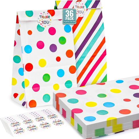 HONEYGIFTS 36PCS Party Favor Bags, Goodie Bags with Sealing Stickers, 4.7" x 3.1" x 8.7" Colorful Treat Bags Rainbow Stripe and Dots Candy Bags in Saudi Arabia