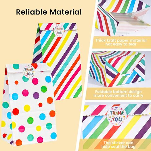 HONEYGIFTS 36PCS Party Favor Bags, Goodie Bags with Sealing Stickers, 4.7" x 3.1" x 8.7" Colorful Treat Bags Rainbow Stripe and Dots Candy Bags in Saudi Arabia