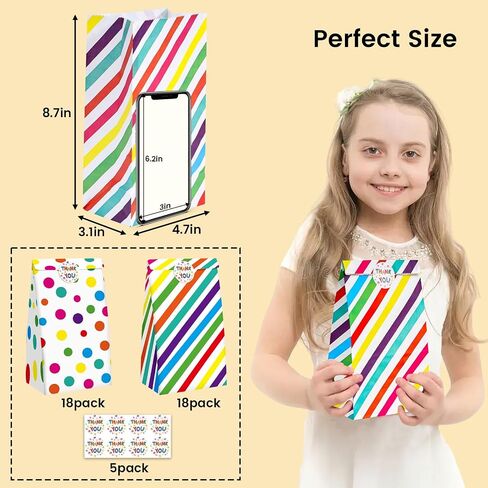 HONEYGIFTS 36PCS Party Favor Bags, Goodie Bags with Sealing Stickers, 4.7" x 3.1" x 8.7" Colorful Treat Bags Rainbow Stripe and Dots Candy Bags in Saudi Arabia