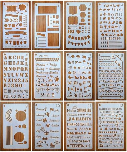 12 Pack Journal Planner Stencils, Reusable Bullet Stencils Set for A5 Notebook & Most Journals, Includes Letter Stencil, Number Stencils, Drawing Stencils, Icons, Charts, Shapes & More Templates for B in Kuwait