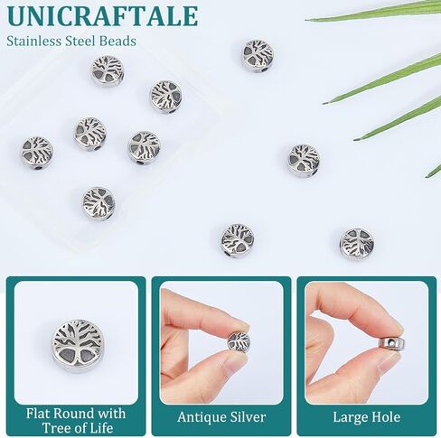 UNICRAFTALE 10Pcs Retro Beads Stainless Steel Spacer Beads Flat Round with Tree of Life Beads Antique Silver Loose Beads Tree Beads Small Hole Beads for DIY Bracelet Necklace Jewelry Making in Saudi Arabia