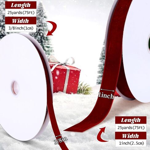4 Pcs Red Velvet Ribbon 1 Inch 3/8 Inch 100 Yards Vintage Christmas Velvet Ribbon Gift Wrapping Bow Making for Christmas Tree Wreath Decoration(Red) in Saudi Arabia