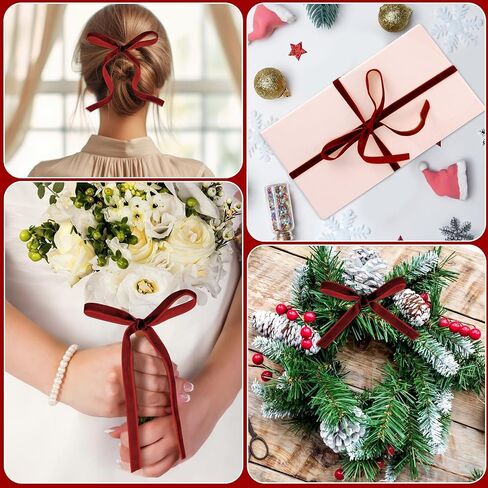 4 Pcs Red Velvet Ribbon 1 Inch 3/8 Inch 100 Yards Vintage Christmas Velvet Ribbon Gift Wrapping Bow Making for Christmas Tree Wreath Decoration(Red) in Saudi Arabia