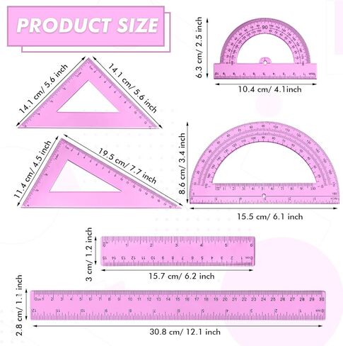 Tenare 6 Pcs Plastic Ruler Math Set Includes 12 Inch 6 Inch Straight Ruler Protractor Triangle Rulers Geometry Transparent Math Ruler Measuring Tools for School Office Home(Pink) in Saudi Arabia