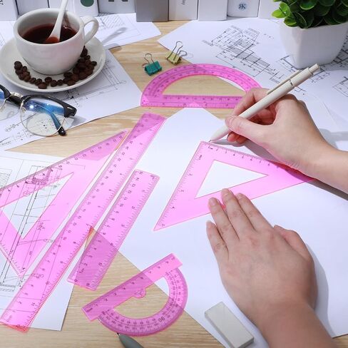 Tenare 6 Pcs Plastic Ruler Math Set Includes 12 Inch 6 Inch Straight Ruler Protractor Triangle Rulers Geometry Transparent Math Ruler Measuring Tools for School Office Home(Pink) in Saudi Arabia