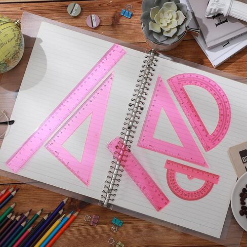 Tenare 6 Pcs Plastic Ruler Math Set Includes 12 Inch 6 Inch Straight Ruler Protractor Triangle Rulers Geometry Transparent Math Ruler Measuring Tools for School Office Home(Pink) in Saudi Arabia