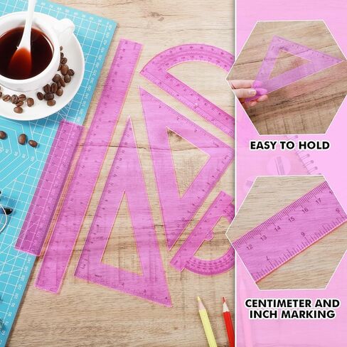 Tenare 6 Pcs Plastic Ruler Math Set Includes 12 Inch 6 Inch Straight Ruler Protractor Triangle Rulers Geometry Transparent Math Ruler Measuring Tools for School Office Home(Pink) in Saudi Arabia