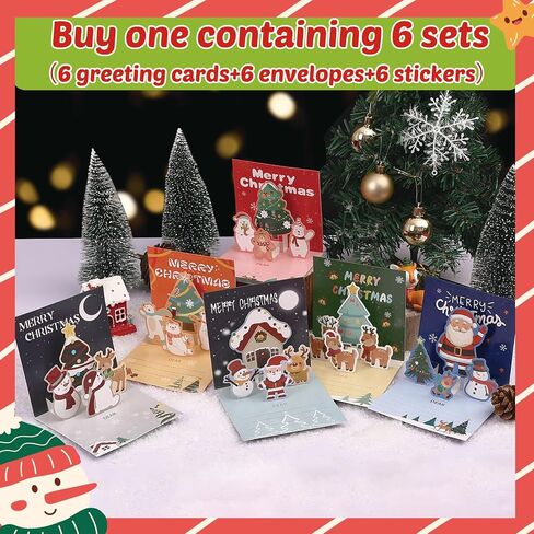 Asmallgf 6 Packs Small Pop Up Christmas Gift Card with Envelopes Stickers, Cute Holidays Pop Up Christmas Card Set for Kids, 3D Christmas cards for Girls Boys 4.3x4.3 inch in Saudi Arabia