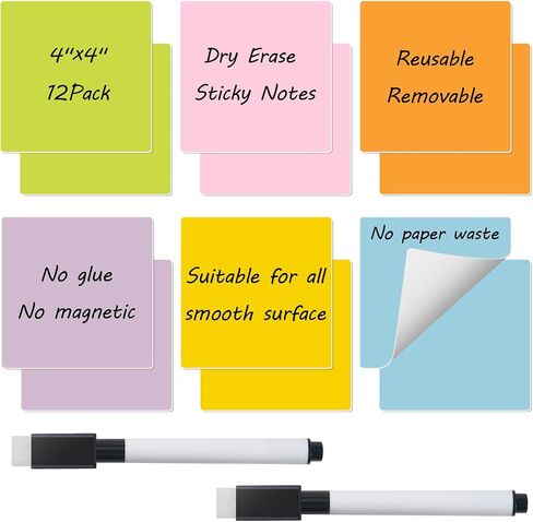 Reusable Dry Erase Sticky Notes, Dry Erase Stickers Labels, 12 PCS 3"x3" Removable Whiteboard Stickers for Storage Bins, Waterproof Name Tags for All Smooth Surface, No Glue, No Magnetic in Kuwait
